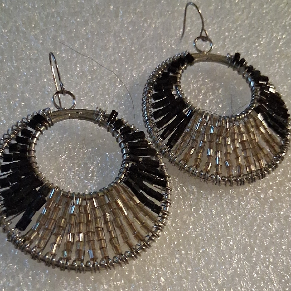 Chic Black and Silver Beaded Hoop Earrings